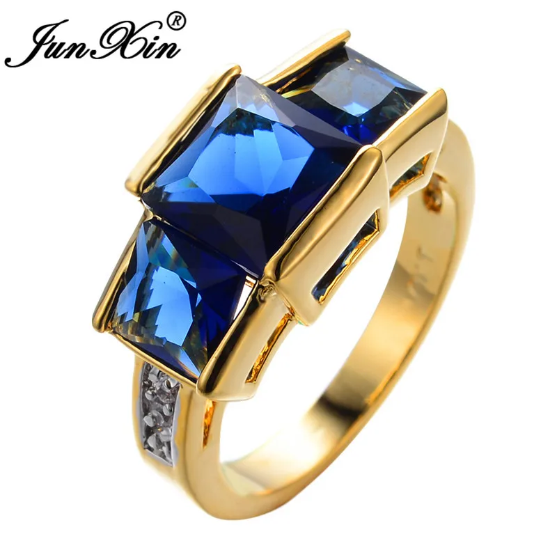 Blue Ring JUNXIN роскошный большой камень три квадратных циркония кольца для мужчин и женщин желтое золото Заполненные Фиолетовый/Зеленый Камень Королевский камень ювелирные изделия - Цвет основного камня: Blue Ring