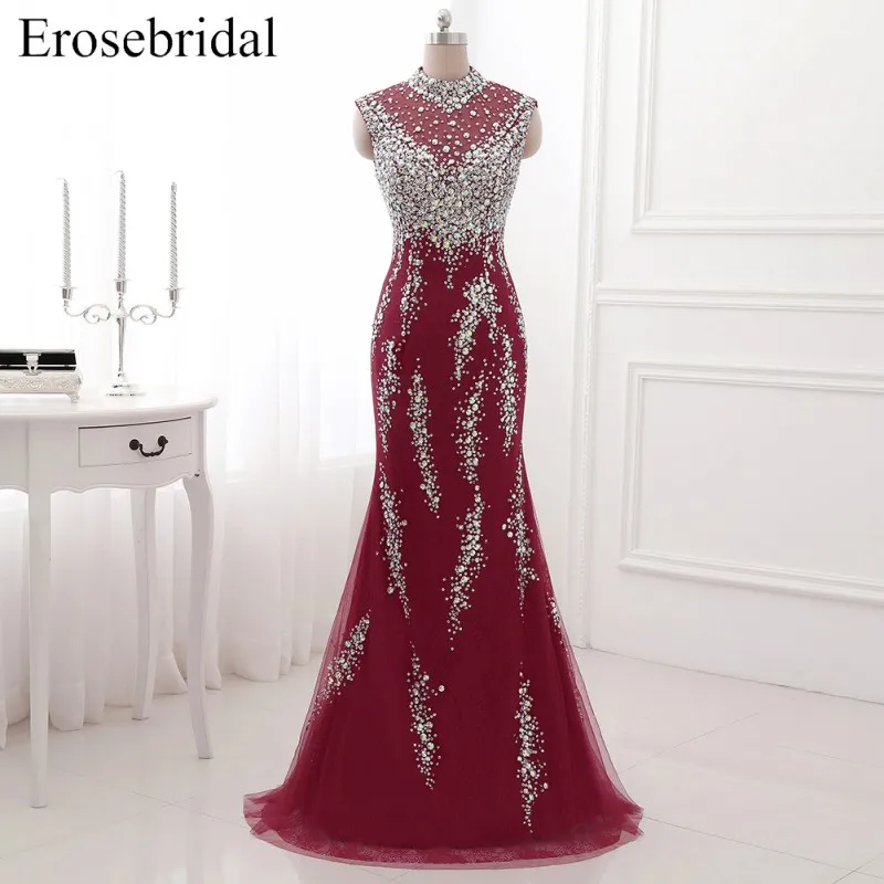 Color 1 Erosebridal вечернее платье с высоким воротом, длинное роскошное длинное вечернее женское платье с бисером, вечерние платья на молнии сзади с маленьким шлейфом - Цвет: Color 1
