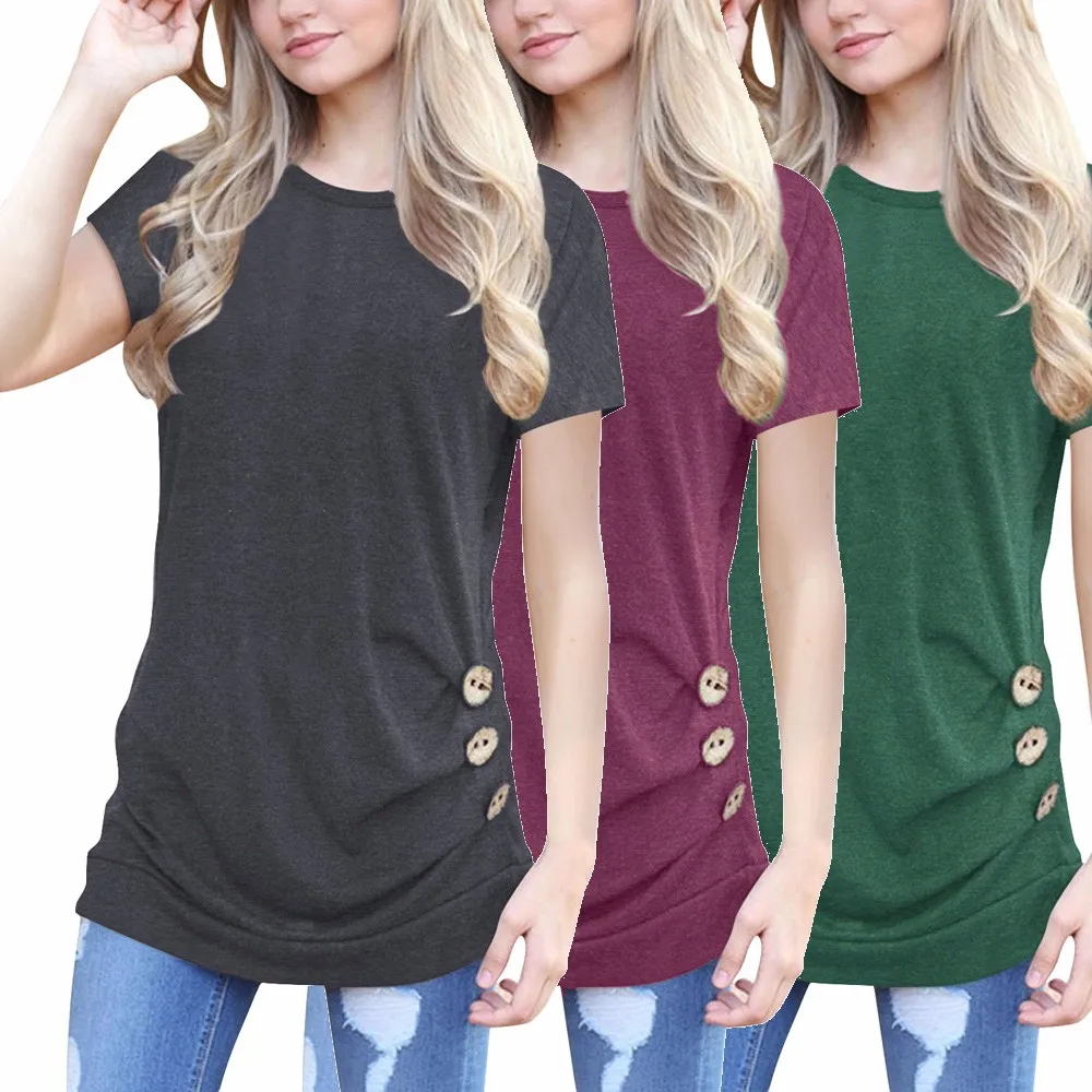 

Women Short Sleeve Loose Button Trim Blouse Solid Color Round Neck Tunic Camisas Top Mujer De Moda