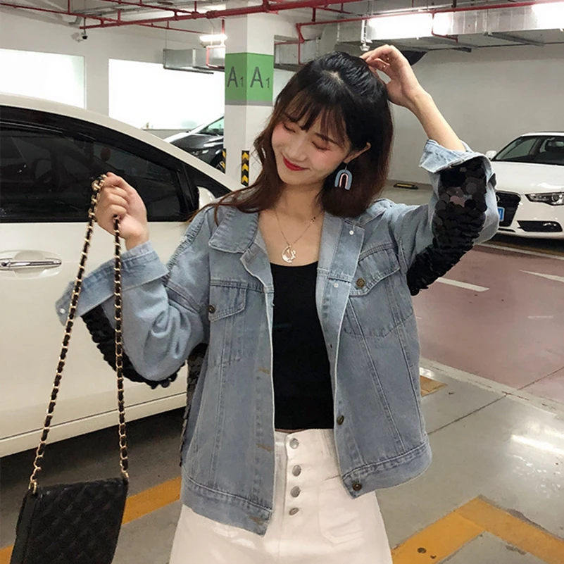 SexeMara/Модная Новинка Свободная джинсовая куртка с блестками Бесплатная