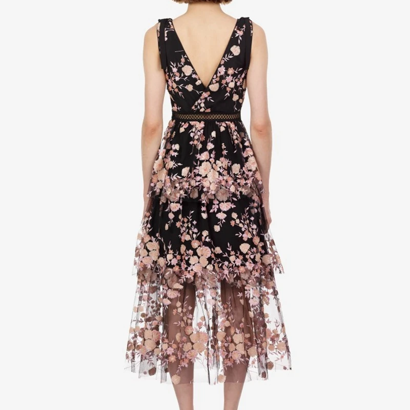 

Women Midi Dress High Quality V Neck Embroidered Dresses