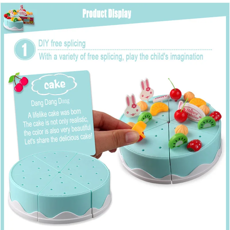 38Pcs 15cm Pretend Play DIY Birthday Cake Cutting Food Toy with Fruits Candle Set Play House toy kitchen Toys Gift for Kids Girl