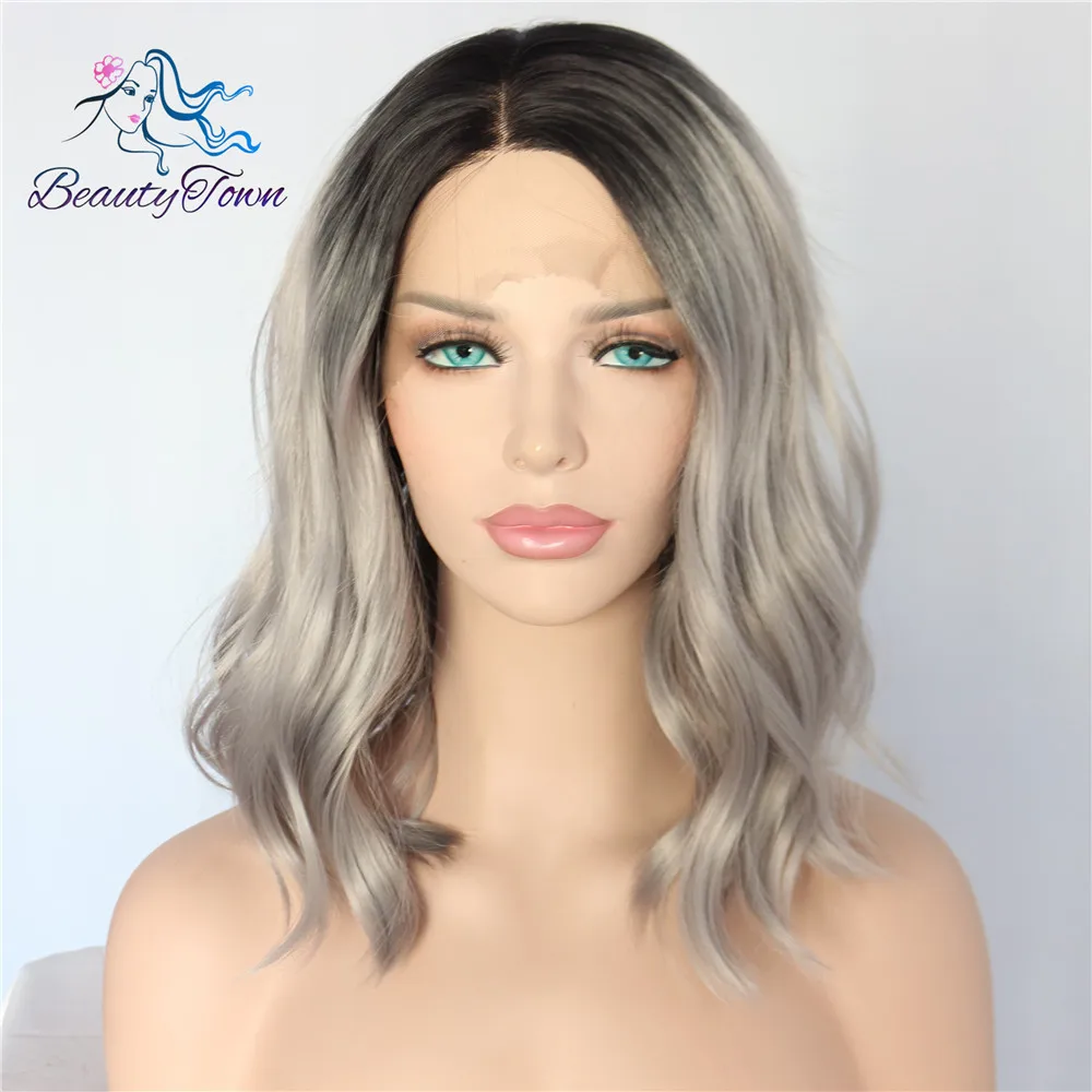 BeautyTown короткий Тип Черный Омбре серый Glueless ручная вязка большая часть шнурка термостойкие ежедневный макияж Синтетические Кружева передние парики - Цвет: T1B/светло-серый