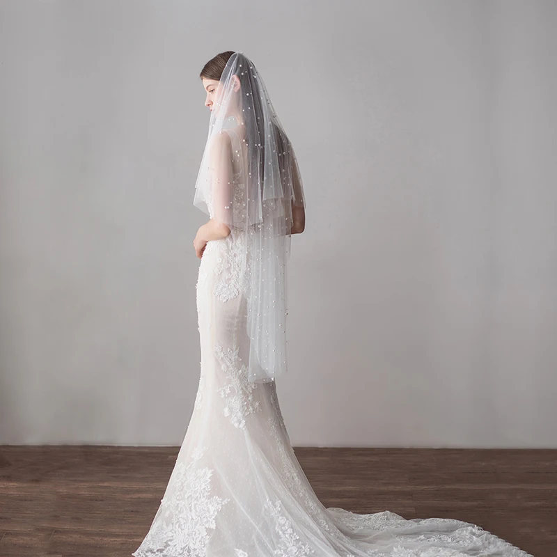 SLBRIDAL двухслойная свадебная фата с гребнями цвета слоновой кости жемчуг свадебная вуаль свадебные аксессуары для невесты