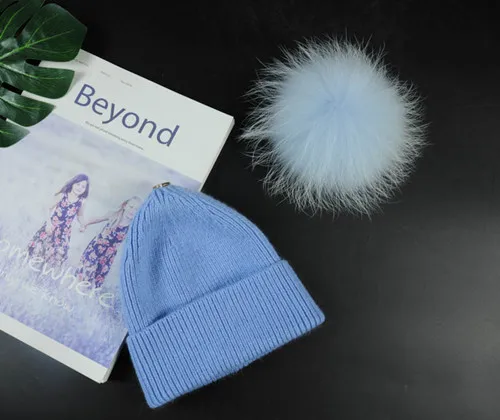 Hat blue M Новая модная детская шерстяная вязаная шапка, шарф, комплект из 2 предметов, зимняя теплая детская шапка с помпонами из меха енота для маленьких мальчиков и девочек, мягкая шапка, шарфы - Цвет: Hat blue M