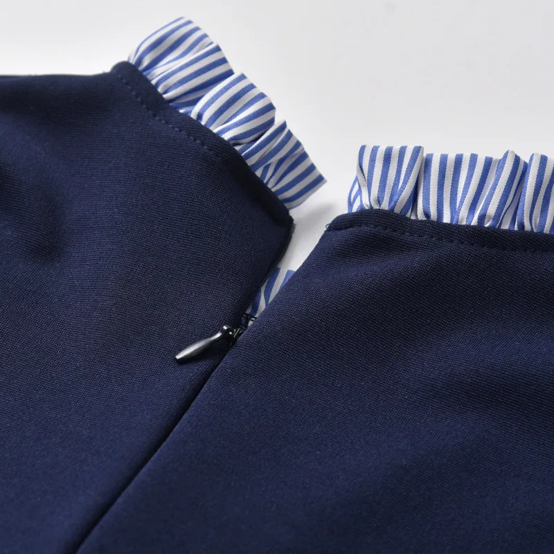 Girls Pleated Dresses Navy Striped Patchwork School Wear Ruffle Bowknot Princess Puff Sleeve For | Детская одежда и обувь
