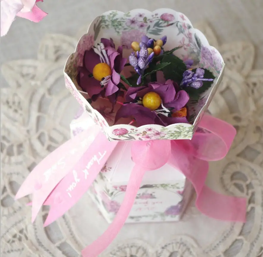 100 шт обработанные лазером коробки для конфет с цветком розовая лента свадебной