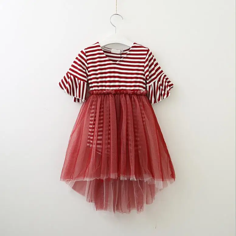 2018 Children Cotton Striped Flare Sleeve Mesh Dresses Girls Princess Cute Dress 5 pcs/lot Wholesale | Детская одежда и обувь