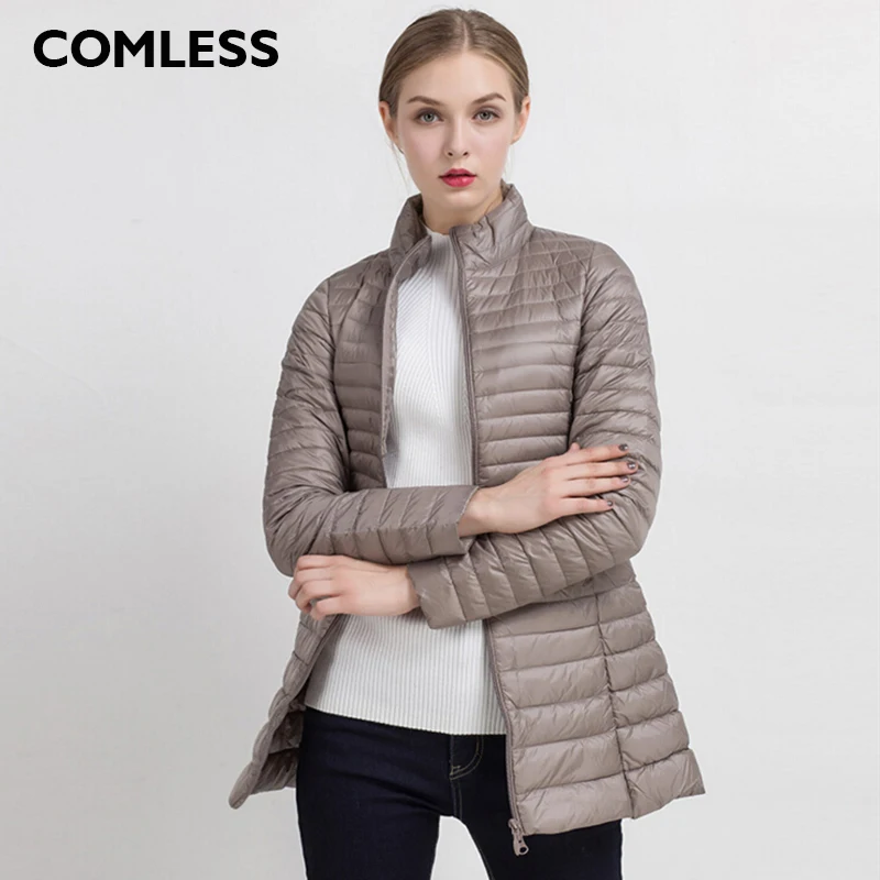 COMLESS размера плюс 4XL, 8 цветов, Женский Повседневный ультралегкий пуховик с 90% пухом, 10% перо, на молнии, Женское зимнее длинное пальто, куртка