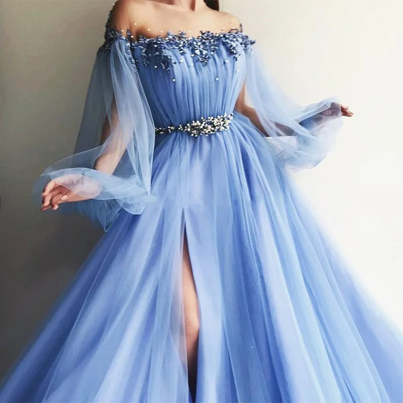 2019 Off The Shoulder Evening Dresses Puff Sleeves Appliques Beaded Tulle Satin Split Side Floor Length Light Blue Prom | Свадьбы и