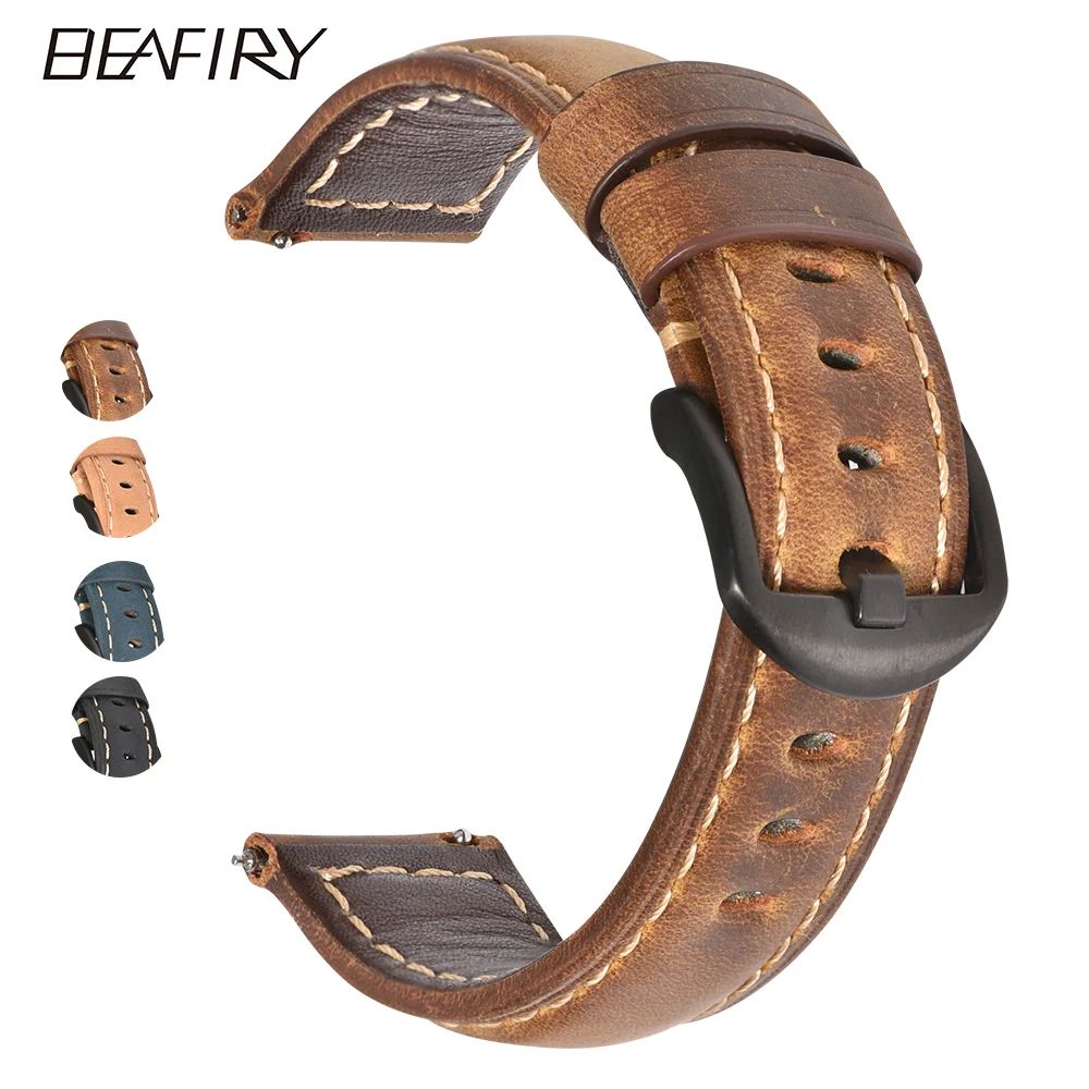 BEAFIRY Crazy Horse ремешок для часов из телячьей кожи 20 мм 22 мм 24 мм Ремешки для наручных часов темно-коричневый светильник коричневый черный синий зеленый ремень