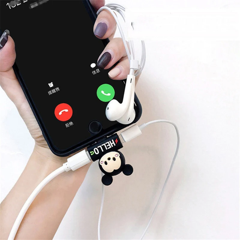 Cute Cartoon 2 in 1 Audio Adapter For iPhone 5s 5C 6 6s 7 8 Plus X XS MAX XR Charger And Headphone Splitter Animals AUX Cable | Мобильные