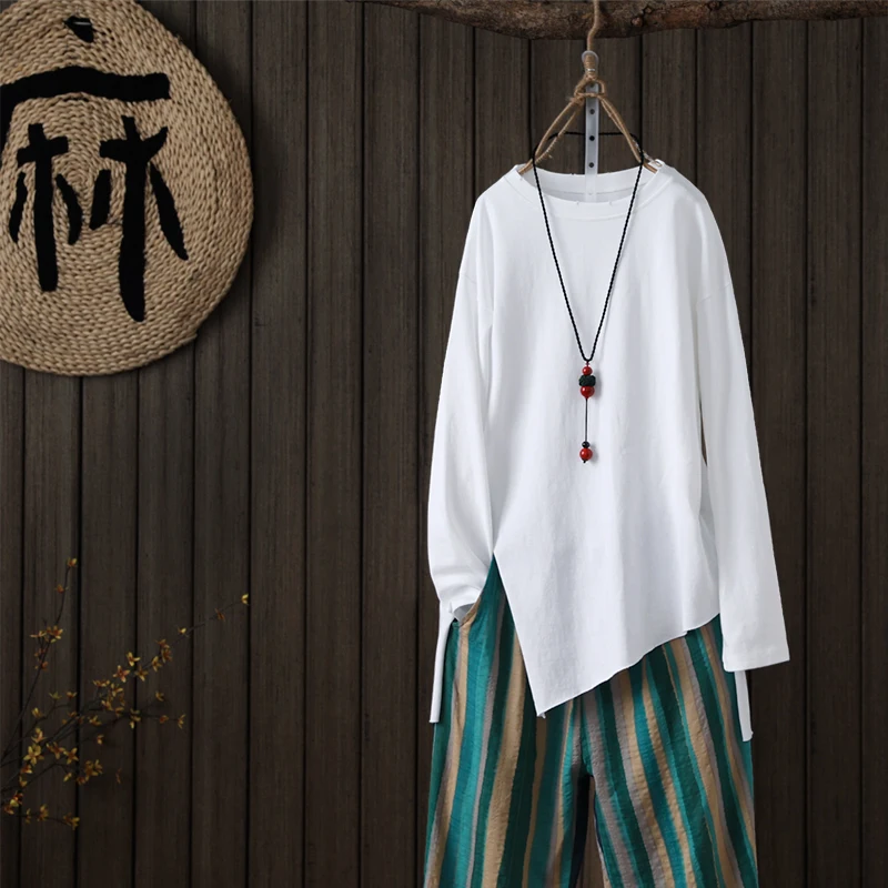 2018 новый хлопок и лен женские Универсальные Длинные рукава с круглым вырезом