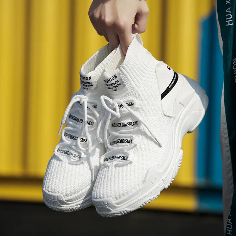 NEWDISCVRY Plus Size 36-46 High Top Men's Sock Sneakers 2019 Spring Men Knit Breathable Shark Shoes Male Platform Footwear Black |