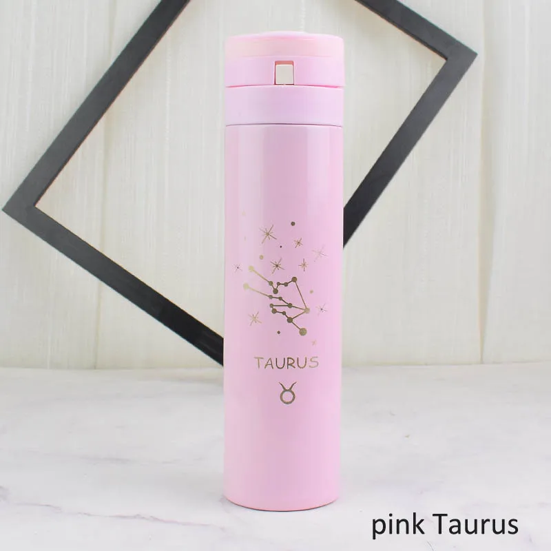 pink Taurus Термос чашка портативная вакуумная колба чайная чашка термоса термоизолированная Двойная Стенка Созвездие 12 безстильный стальной отскакивающий чехол - Цвет: pink Taurus