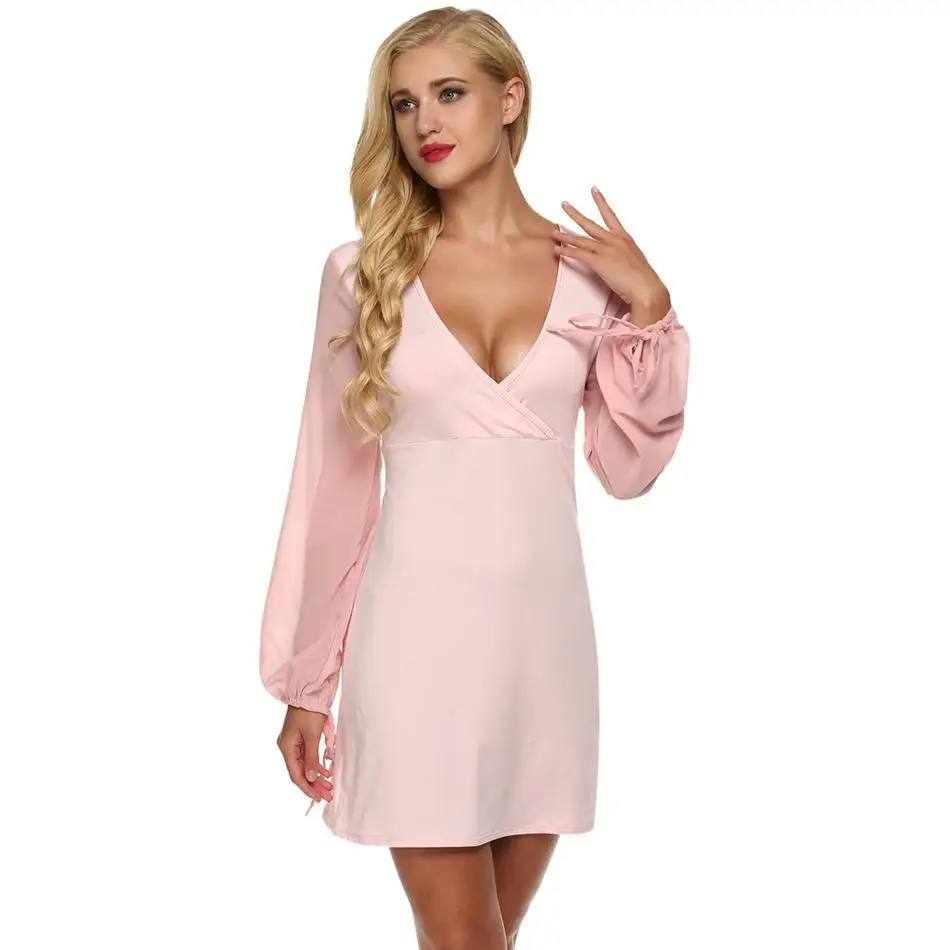 Women V-Neck Chiffon Sleeve Patchwork Jersey Sexy Above Knee Casual Party Long Solid Dress | Женская одежда