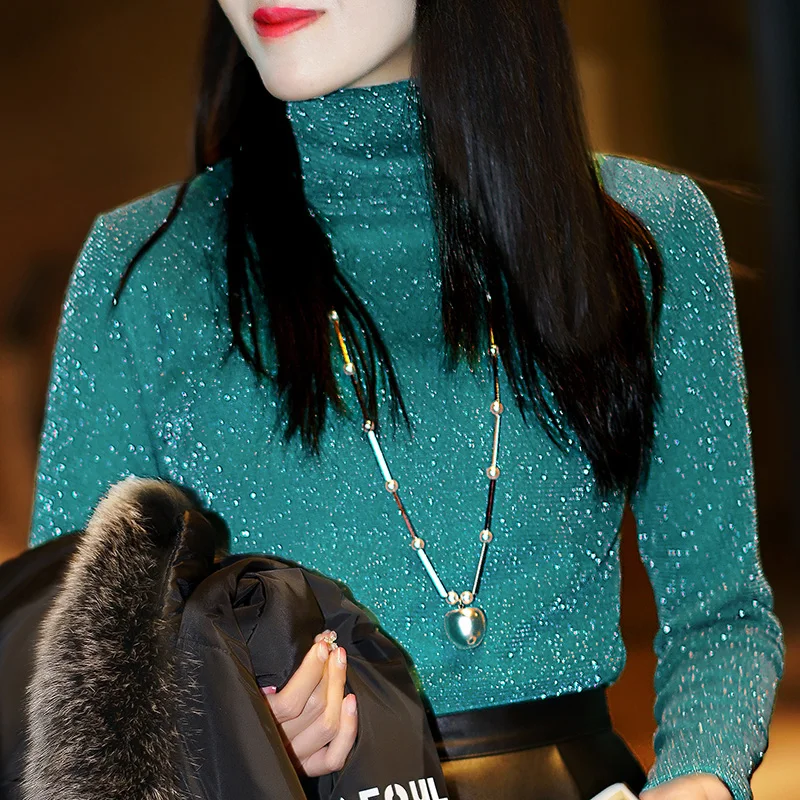 

Autumn and winter warm bottom shirt women's jacket plus velvet thick t-shirt clothes gold and silver long sleeves