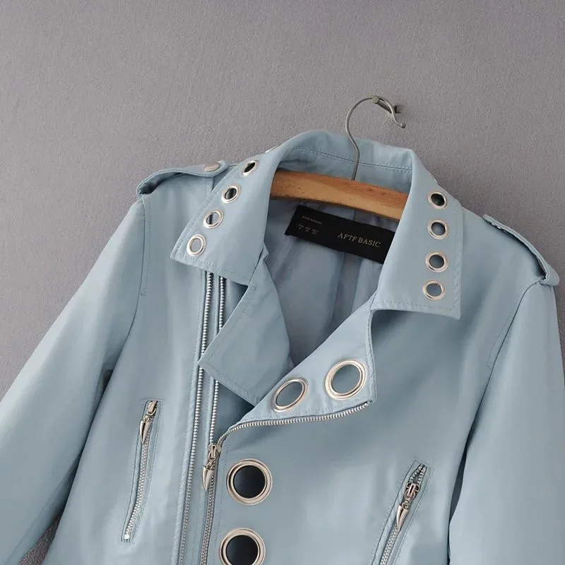 

2020 spring female PU leather short jackets fashion Long sleeve lapel hollow coat Women's Slim thin motorcycle leather jacket