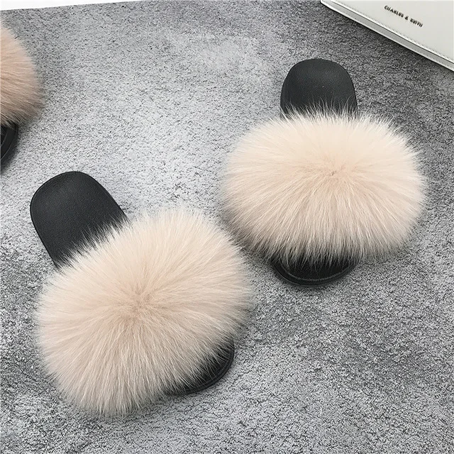 light kahki ZDFURS/; модные шлепанцы с лисьим мехом; шлепанцы без задника с натуральным мехом; Летние вьетнамки; повседневные Модные босоножки с лисьим мехом; модная плюшевая обувь; - Цвет: light kahki