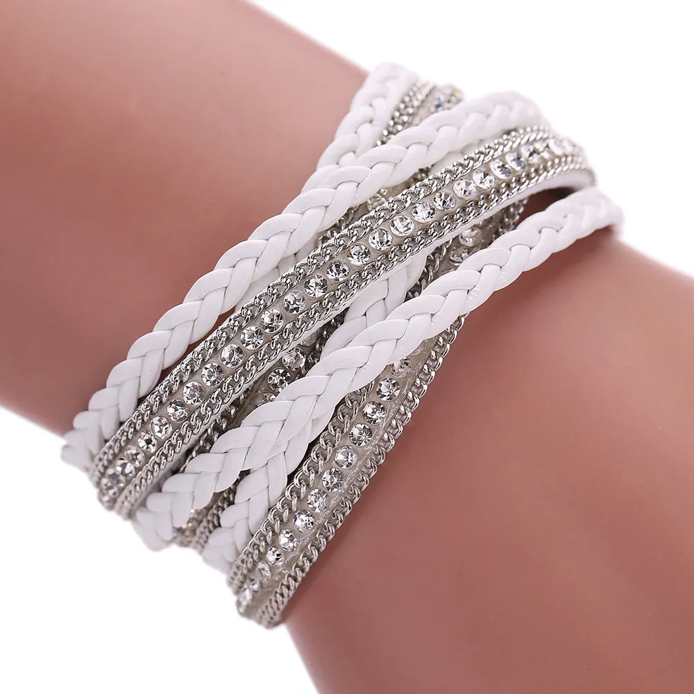 Многослойный плетеный кожаный браслет ручной работы со стразами и магнитной