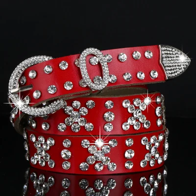 Red 2.8cm Черные джинсы из натуральной кожи, ремни, женские ремни с пряжкой, роскошные ремни со стразами для женщин, женские ремни с заклепками из воловьей кожи - Цвет: Red 2.8cm