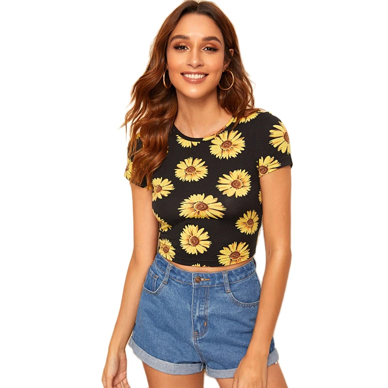 SHEIN, укороченная Футболка с принтом подсолнуха, женская одежда, летняя Приталенная футболка с круглым вырезом, повседневные Черные женские топы с коротким рукавом
