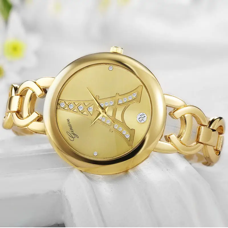 Дамы Моды Кварцевые Часы Женщины Горный Хрусталь часы женские Платье Розовое