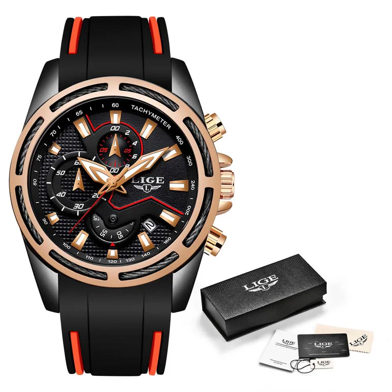 Black rose gold Relogio Masculino LIGE, новые спортивные часы для мужчин, модные брендовые Роскошные водонепроницаемые военные мужские наручные часы, силиконовые Серебристые кварцевые часы - Цвет: Black rose gold