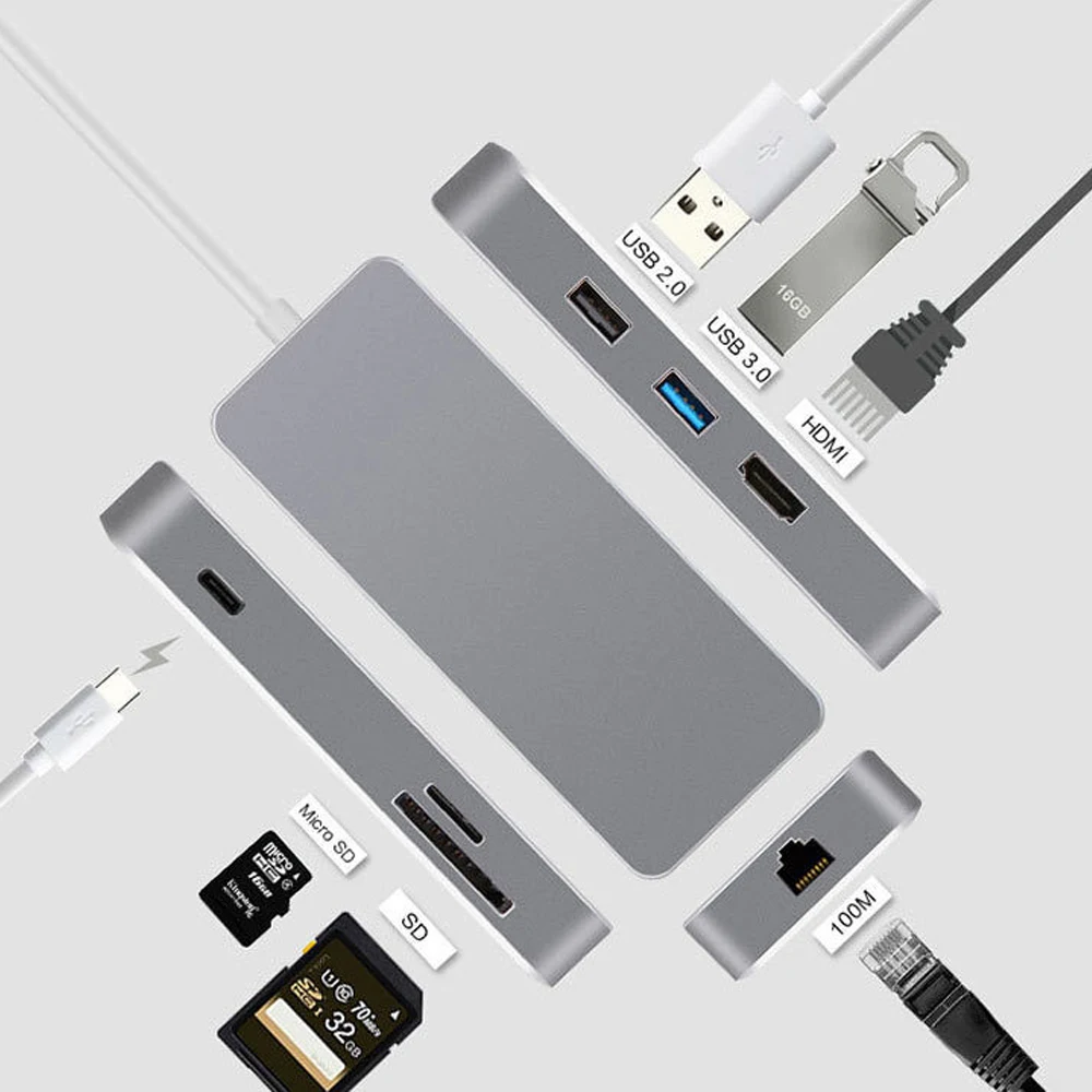 Новая многофункциональная док станция 7 в 1 для Macbook картридер Type C на HDMI + LAN USB3.0 USB2.0