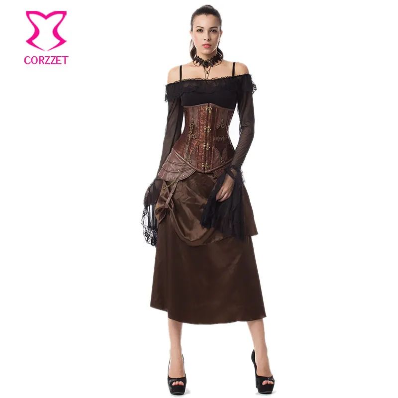 Brown /Black Steel Boned Underbust Corset Skirt Steampunk Clothing Espartilhos E Corpetes Emagrecimento Sexy Gothic Corset Dress