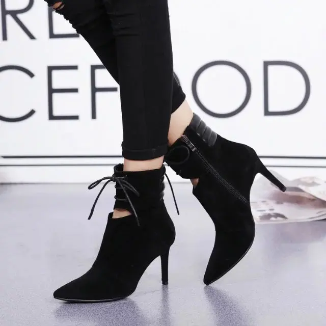 2016 Марка Дизайнер Весна Осень Черный Замши Женская Обувь Острым Носом Высокой