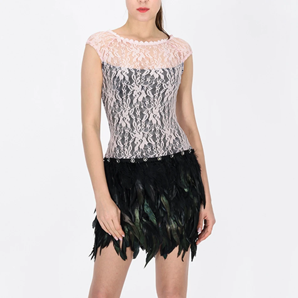 2017 женское мини платье с круглым вырезом и розовым кружевным верхом|dress feather|dresses