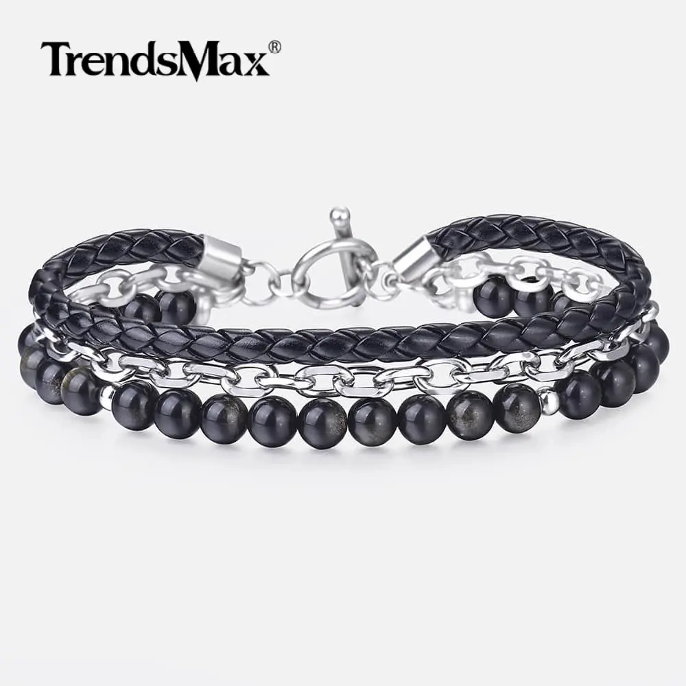 Многослойный кожаный браслет Trendsmax для мужчин и женщин из нержавеющей стали