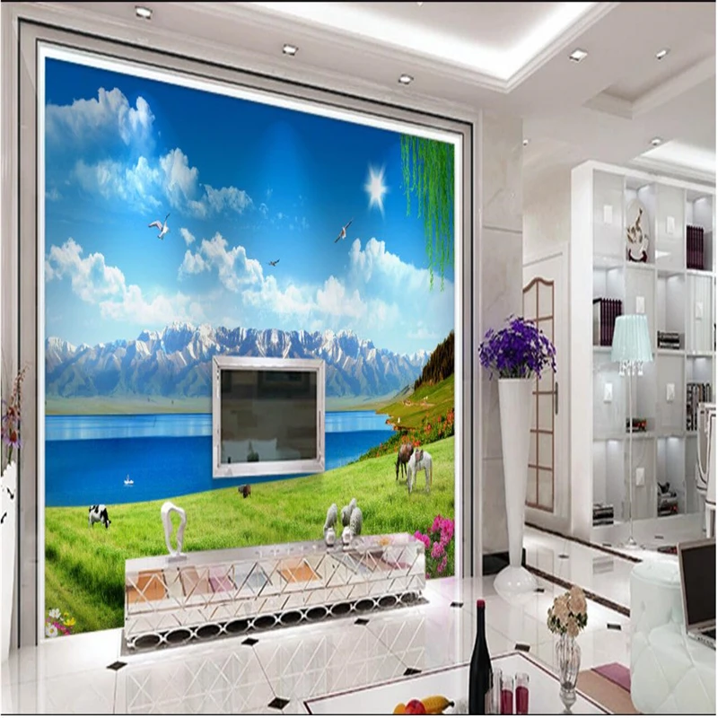 beibehang Custom photo background wallpaper Snow Mountain prairie blue sky and white clouds TV wall 3D large | Обустройство дома