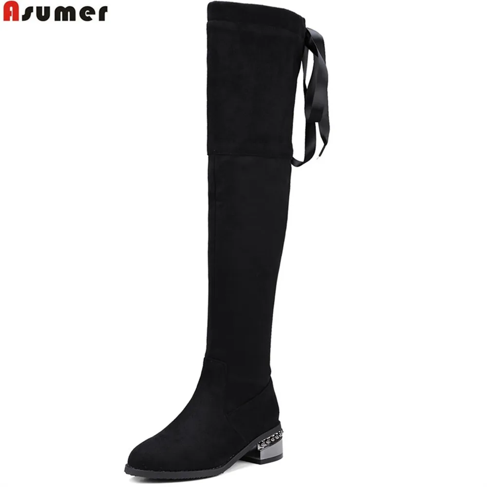 

Asumer black fashion women boots flock zipper square heel cross tied ladies boots pointed toe comfortable over the knee boots