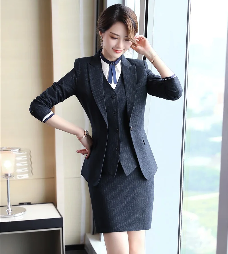 

Новинка, Деловые женские костюмы в черную полоску с юбкой и блейзером и пиджаком, Женский офисный комплект одежды для работы