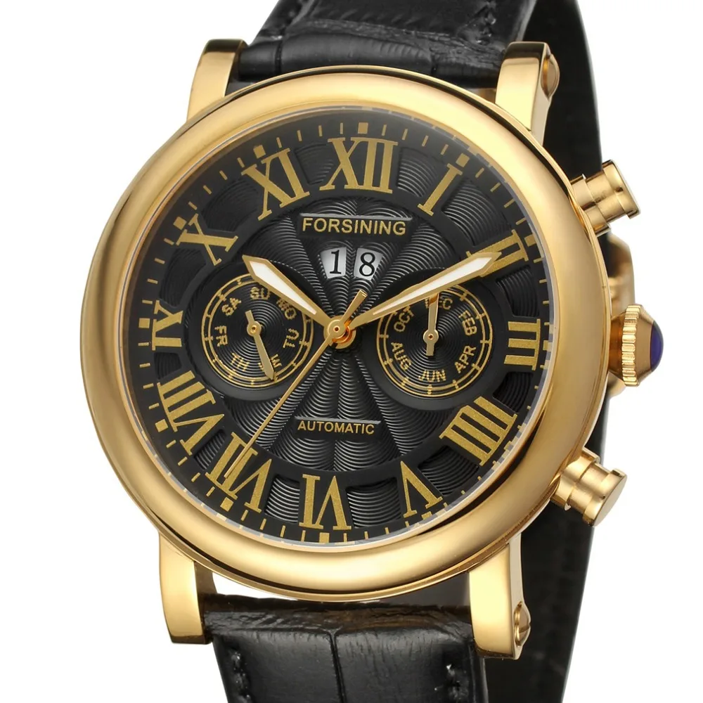 Stainless Steel Case Gold Color Bezel Genuine Leather Month Day Week Function relogio automatico masculino watch /FSG9407M3G2 | Наручные