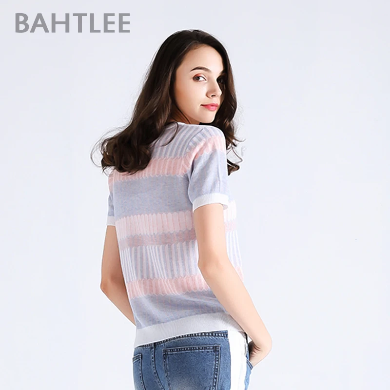 BAHTLEE Женская летняя футболка Tencel трикотажные короткие рукава оборки с круглым