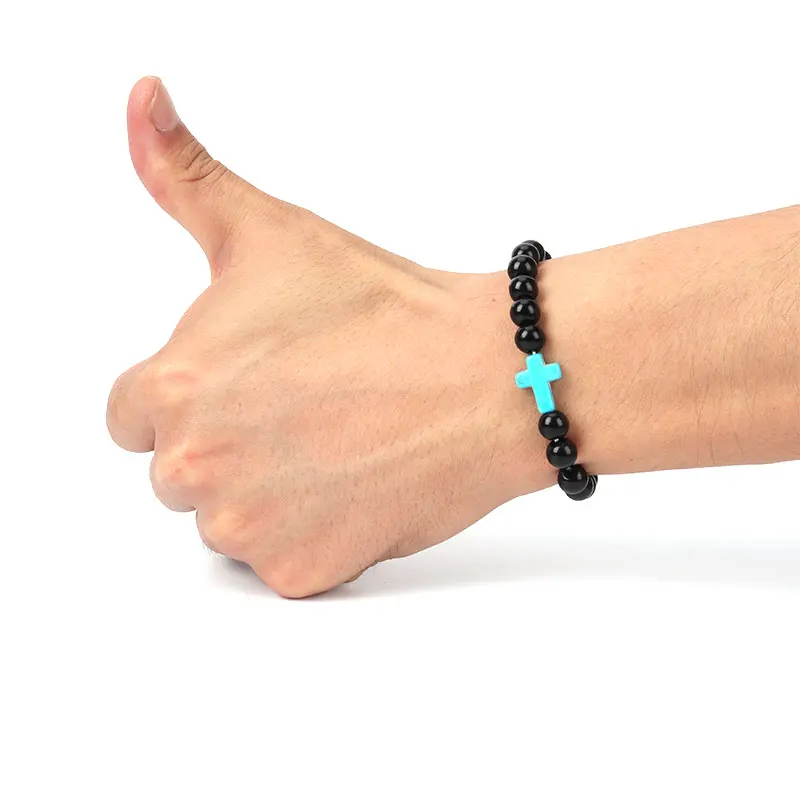9 colors 8mm artificial crystal black light cross bracelet religious charm jewelry man woman handmade guard peace | Украшения и