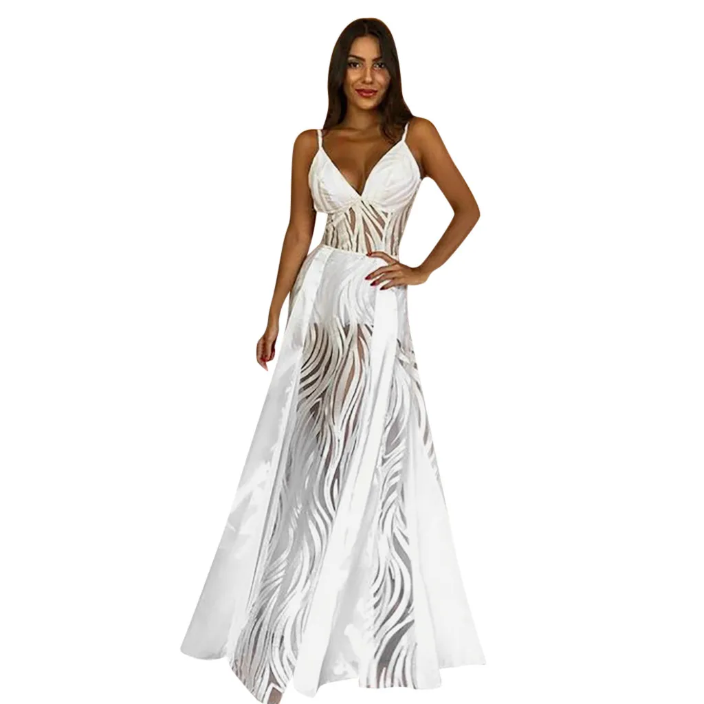 Белый Beach Dress Women Summer Spaghetti Straps V-Neck Wedding Bridal Dresses Striped Perspective White Maxi Dress Robe Femme - Цвет: Белый