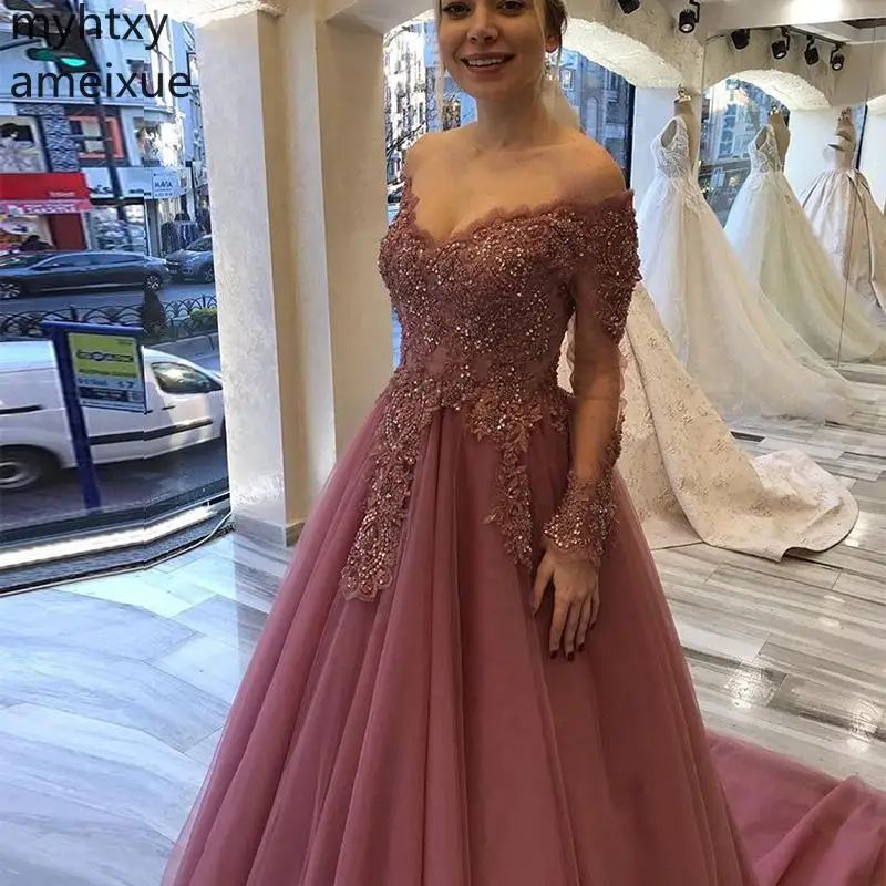 Custom Shoulder Long Prom Dresses Sleeves V-neck Appliques Beaded Blush Pink 2020 New Women Formal Party Sweep Train Plus Size