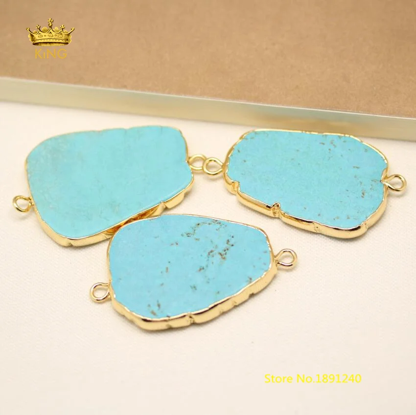 

10pcs Smooth Turquoises Howlite Slice Beads Charms Necklace,Blue Magnesite Slab Connectors with Gold Copper Edged Findings GH385