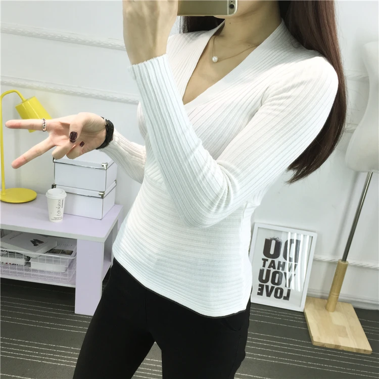2019 Spring And Autumn New Nightclubs Slim Sexy Deep V neck ladies bottoming sweater long-sleeve pullover tight top shirt women | Женская