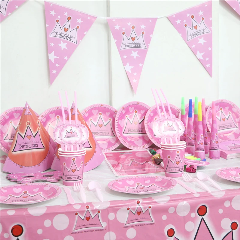 162pcs \ много Принцесса Тема чашки Дети сувениры Crown соломинки баннеры Baby Shower