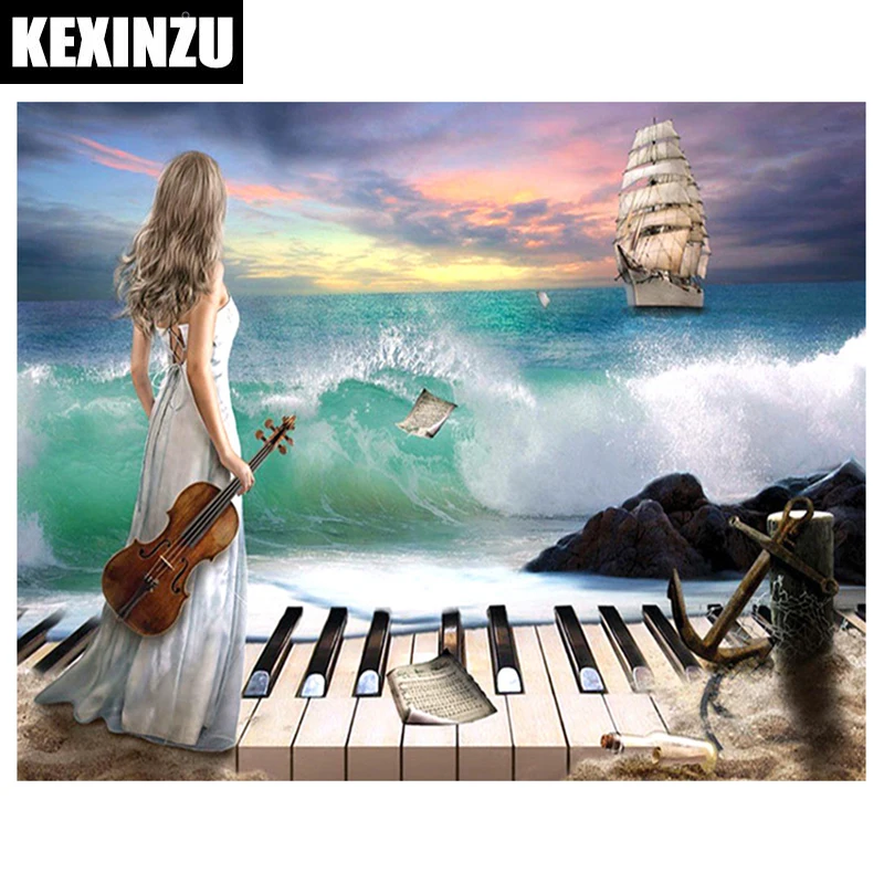 

5d diamond painting Full Square/Round drill-woman violin seaside-Rhinestone Diamond embroidery sale mosaic pictures by numbers