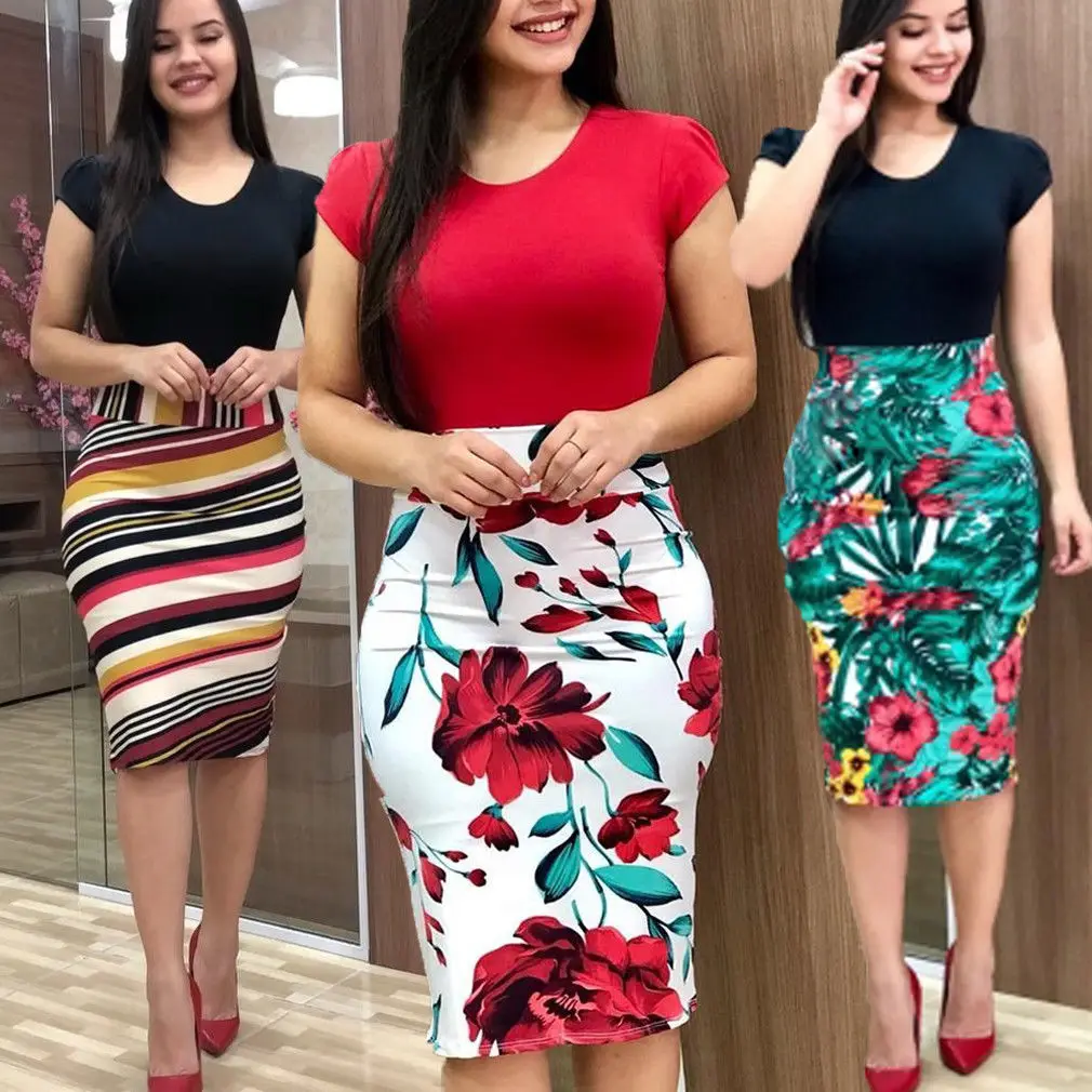 Женское платье карандаш с коротким рукавом и цветочным принтом|Женские платья| |