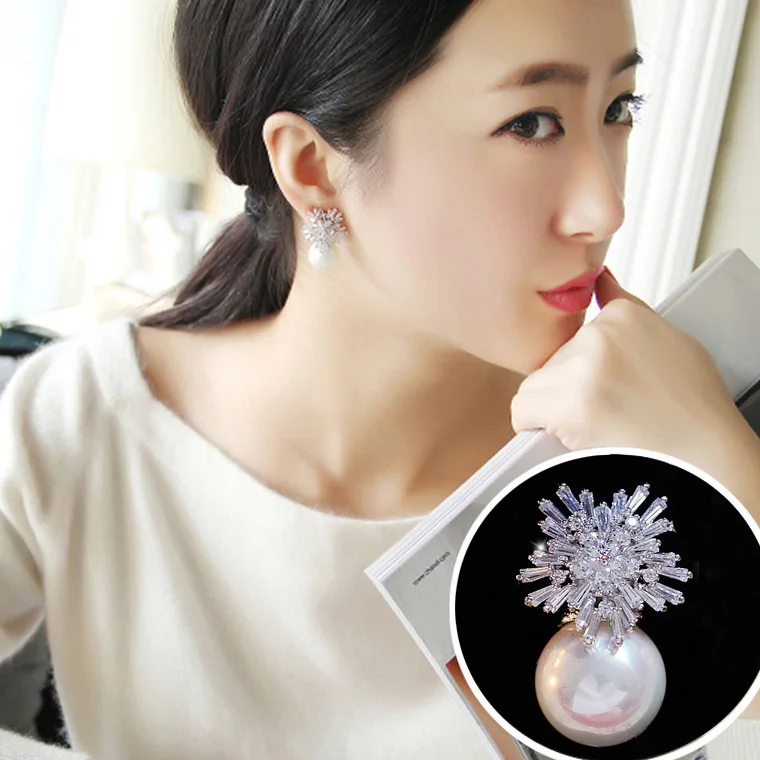 Модные серьги в виде подсолнуха с белым жемчугом и кубическим цирконием