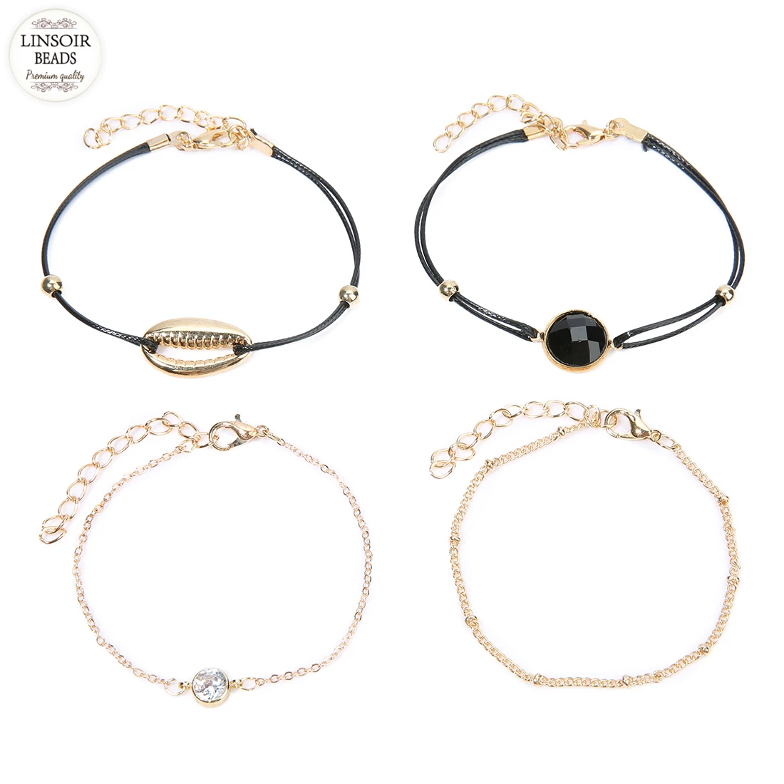 Женский кожаный браслет LINSOIR черный из сплава с цепочкой золотистого цвета 4