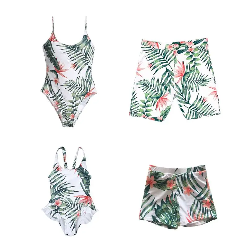 Семейные комплекты летние бикини в богемном стиле тропические листья с