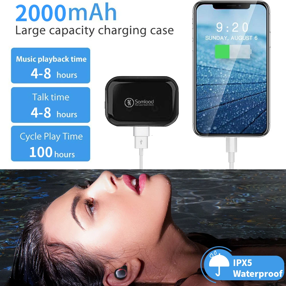 Samload Беспроводные стереонаушники Bluetooth 5,0 вкладыши наушники HiFi Звук с 2000 мАч Powerbank зарядки коробка для IOS Android